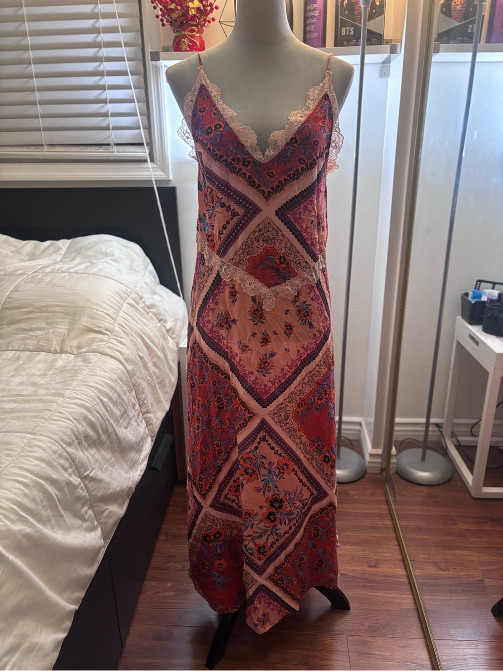 Free People Pink & Red Floral Lace-Trim Maxi Slip Dress